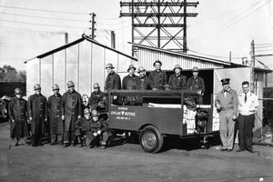 A photograph of the John Deere Fire Brigade in November 1951. 