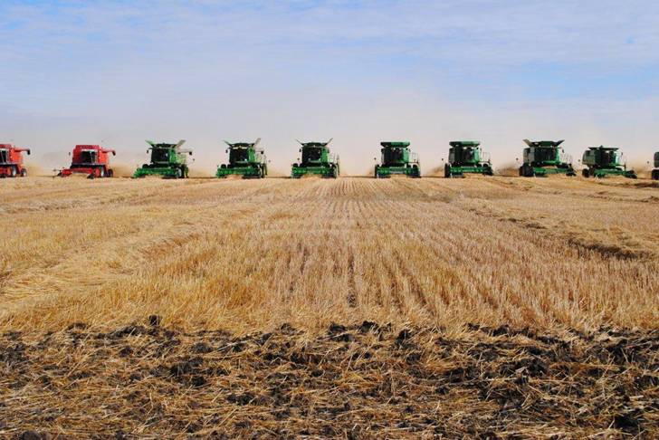 John Deere combines in the field