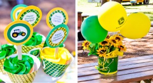 John Deere flower and balloons for a John Deere birthday party theme