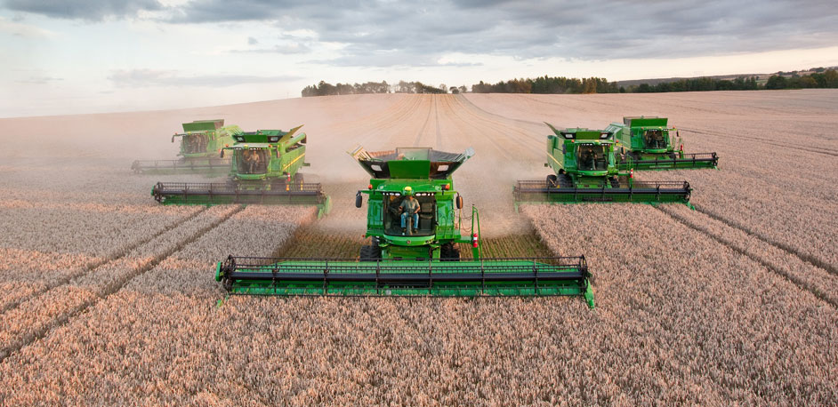 Farm photos of 3 John Deere combines harvesting crops