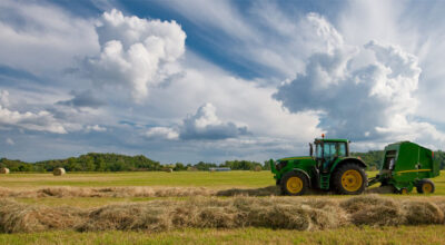JD baler tractor baling hay