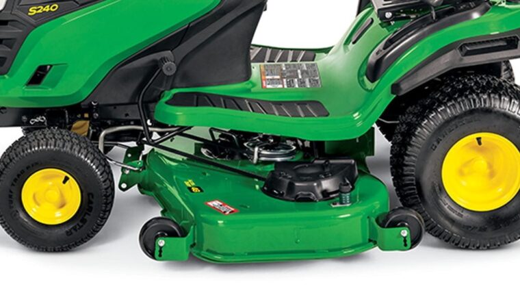 John Deere mower deck attached to lawn tractor