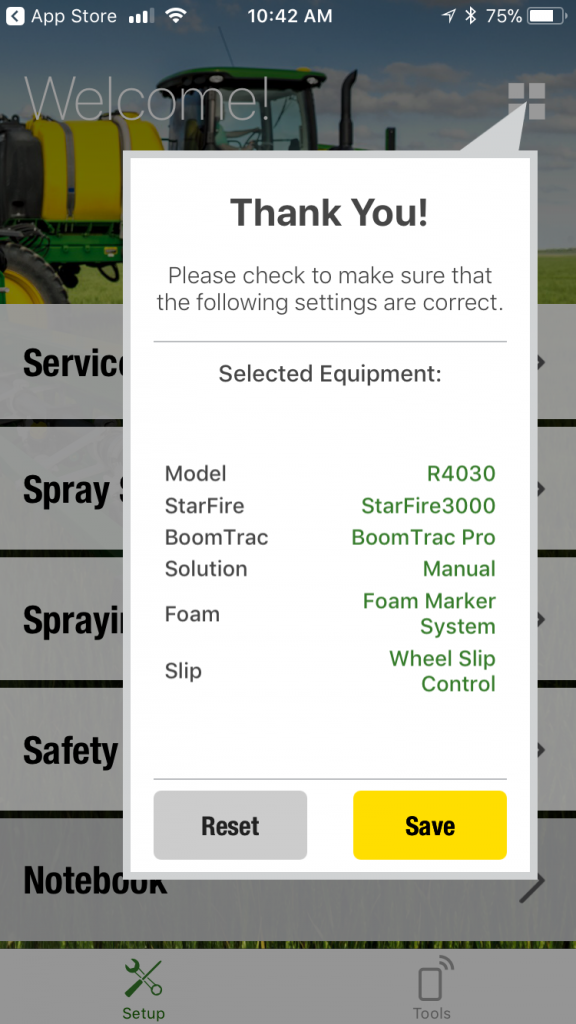 John Deere ApplyPlus Settings Selection