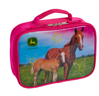 pink lunchbox with two horses and stars