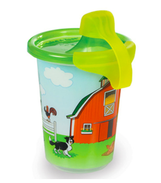 sippy cup with red barn and animals