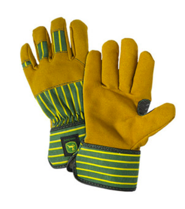 brown work gloves with yellow and green stripes