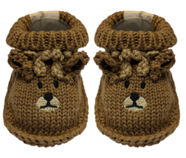 <img src="deer booties.png" alt="Brown knit baby booties with antlers and face design">