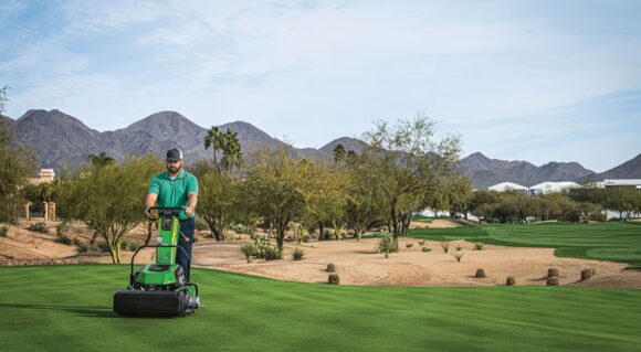 Operator using a John Deere Walking Greens Mower to cut a golf course green with desert landscaping and mountains in the background.