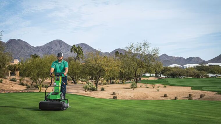 Operator using a John Deere Walking Greens Mower to cut a golf course green with desert landscaping and mountains in the background.