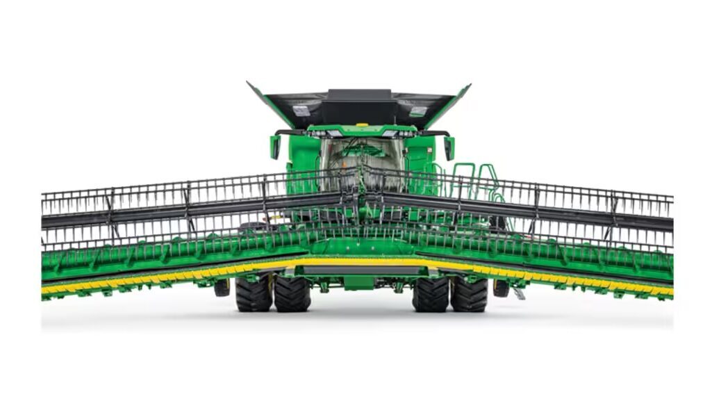 Front view of a John Deere combine equipped with an HDR35 hinged-frame rigid cutterbar draper header.
