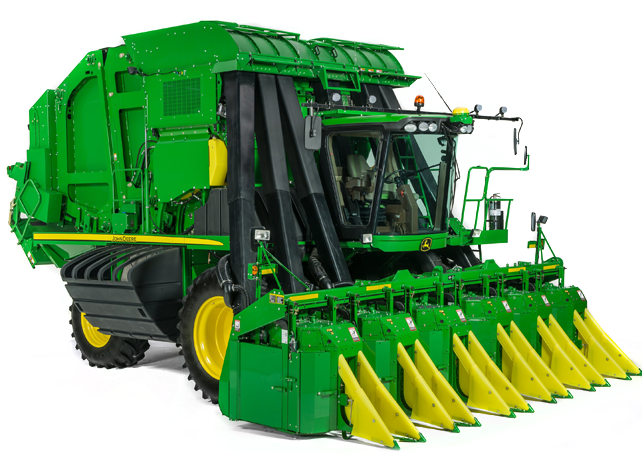 John Deere CP690 cotton picker with a multi-row harvesting header, shown from the front-right side against a white background.
