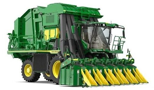 John Deere CP770 cotton picker with a multi-row harvesting header, shown from the front-right side.