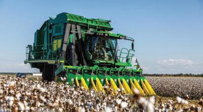 John Deere cotton harvester equipped with a multi-row harvesting header operating in a cotton field.