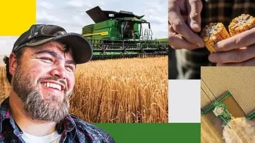 Collage of a farmer, a John Deere combine harvesting wheat, hands inspecting corn, and an aerial view of a combine in a field.