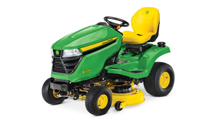 John Deere X370 lawn tractor with a green body, yellow seat and wheels, and a yellow mower deck, shown from a front-side angle.